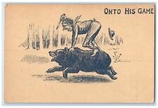 c1905 Man Riding Black Bear Fell Hat Onto His Game Unposted Vintage Postcard picture