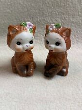 Vintage Brown and White with Pink Flower Kitty Salt and Pepper Shakers picture
