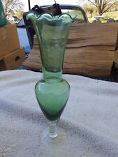 Vintage Green Glass Art Nouveau Vase 1900 - 1915 Etched Flowers Vine Scallop Rim picture