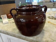 VINTAGE STAMPED USA STONEWARE BROWN BEAN POT POTTERY CANISTER WITH LID HANDLES  picture