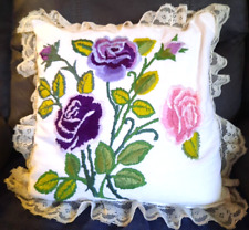 VTG Hand Embroidered Floral Pillow Lace Accent 14 x 14