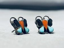 AWESOME VINTAGE ZUNI  BLUE GEM TURQUOISE CORAL JET SILVER BUTTERFLY EARRINGS picture