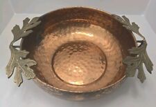Hammered Copper Bowl with Brass Leaves for Handles Aged Patina Tarnish Vintage picture