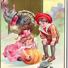 c1910s Thanksgiving Embossed Postcard Cute Children Pumpkin Carve Turkeys A67 picture
