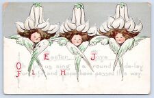 VTG Easter Postcard 3 Girls w/ Angel Wings And Flower Hats Easter Joys c.1914 picture