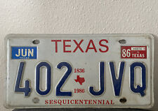 1986 Texas License Plate 402 JVQ Sesquicentennial 1836-1986 Embossed picture