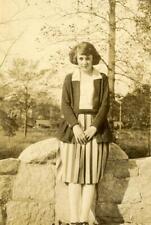 PP356 Vtg Photo YOUNG WOMAN IN STRIPED SKIRT c 1920's 30's picture
