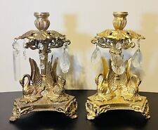 Vtg Pair Swan Brass Candle Holders Candlesticks Candelabra Set Hanging Crystals picture