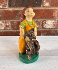 Vintage 1930's 40's Chalkware Plaster Figurine Girl With Dog Funky Old Figurine picture
