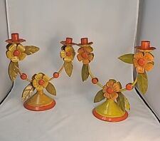 Vintage 1972  Mexican Tin Folk Art set of Candle Holders Daisies yellow/orange picture