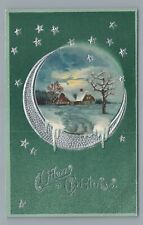 A Merry CHRISTMAS Silver Moon Stars Night Sky Farm Vintage Postcard picture