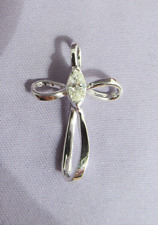 3D VINTAGE 14K WHITE GOLD OPEN WORK MARQUISE DIAMOND CROSS PENDANT .25ct picture