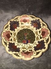 Vintage Peacock Bowl Pedestal Floral Hand Painted Ornate Bowl with Scallop picture