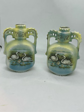 VTG Pair (2) Porcelain Austrian Vases Hand Painted Swan & Floral Art Deco 6”x4” picture
