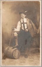 1910s Studio RPPC Real Photo Postcard Young Man in Lederhosen/ Rifle / Barrel picture