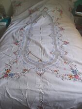 Huge Vintage Hand Embroidered Tablecloth With Crochet Accents Beautiful Florals picture