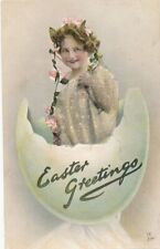EASTER - Girl In Egg Bead Covered Easter Greetings Tuck Postcard picture