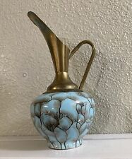 Vtg Mid Century Modern Delft Vase Marble Pattern Hand Painted Jug W/Brass Spout picture