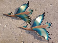---Pair retro 1960s Masketeers wood + brass flying bird wall hangings picture