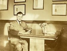 YH Photograph Handsome Man Suit Sits Desk Western Union Office Interior 1930's picture