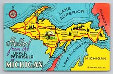 Hello From The Upper Peninsula Of Michigan Vintage Posted 1970 Postcard Map picture