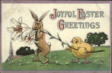 EASTER Brown rabbit yellow chick white lily church ~ 1913 embossed postcard picture