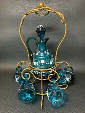 Moser Bohemian Painted Enamel Glass Decanter Ormolu Bronze Stand & 4 Cordial Mug picture