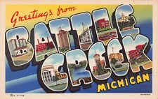 Battle Creek Michigan MI Greetings From Large Letter Linen 8A-H2194 Postcard picture