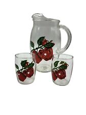 Vintage Federal Glass Pitcher And Juice Glass Apples print Cup Lot Set picture