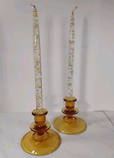 Vintage Pair of Mid Century Atomic Amber Glass Candlestick Holders 1960s picture