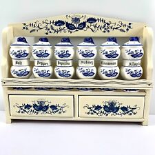 Vintage Arnart Blue Onion Six Spice Porcelain Jars & Wood Hanging Rack Japan MCM picture