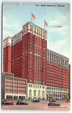 1930s CHICAGO ILL HOTEL SHERMAN STREET VIEW OLD CARS TROLLEY POSTCARD P2071 picture