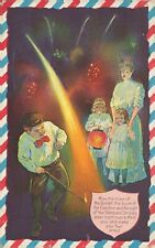 Patriotic Embossed July 4th Antique Postcard Boy Lighting Fireworks Girl Lantern picture