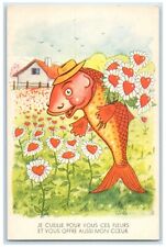 c1910's Valentine Anthropomorphic Fish Hearts Flowers France Antique Postcard picture