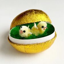 VTG Easter Gold Foil Egg Container Chenille Chick Grass Paper Mache 1990s 2.5” picture