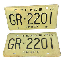 Texas Truck License Plate Pair GR 2201 Vintage 1973 Black White Man Cave Garage picture