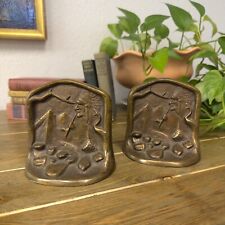 Rare Vintage Heavy Brass Bookends of Native American Indian Chief with Pipe picture