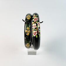 Vintage Hand Painted Floral Black Lacquer Wood Bangles Eastern European Folk Art picture