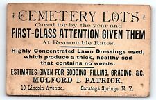 c1890 CEMETARY LOTS SARATOGA SPRINGS NY MULFORD I PATRICK AD TRADE CARD P825 picture