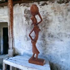 Hand Carved Wood Woman Carrying Water Jug African Sculpture Wooden Vintage  picture