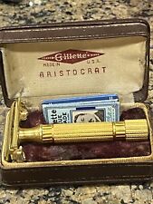 Vintage 1940's Gillette Gold Aristocrat DE TTO  w/ Case & New Blue Blades picture