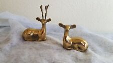 2 Vintage Brass Sitting Deer & Doe Figurines 4 -2 1/2