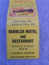 Vtg FS Matchbook Cover Cameron MO Rambler Motel & Restaurant Best Western picture