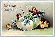 Clapsaddle Victorian Easter~Boy & Girl in Rocking Egg Shell~Chicks~Embossed~1913 picture