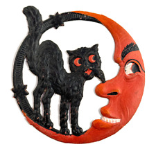 Antique vtg Halloween German Embossed Die Cut Black Cat Paper Moon picture
