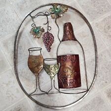 Vintage Metal Wine Bottle Glass Wall Mount Art Sculpture Grapes 20