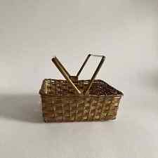 Vintage Brass OR Brass Tone Metal Square Basket w/ Basketweave Pattern picture
