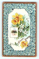 Sincere Greeting Yellow Daffodils Beach Scene Blue Flower Border Vtg Postcard E5 picture