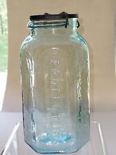 RARE ANTIQUE PROTECTOR CANNING JAR QUART AQUA LATE 1800's  BEAUTIFULLY WHITTLED picture