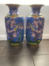 Vintage Chinese Cloisonne Floral  Cherry Blossom Blue Vases Enamel picture